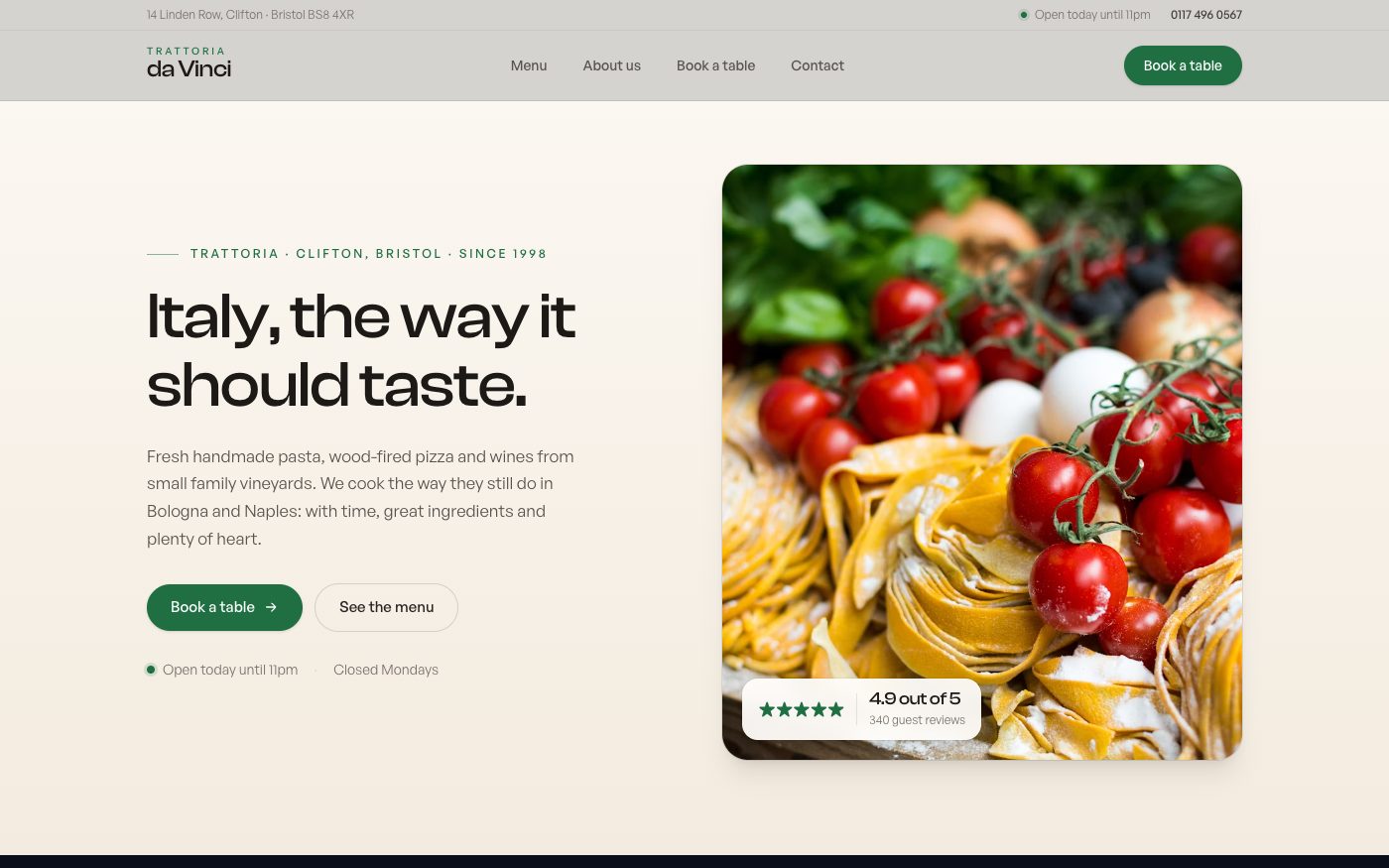 Preview of the example website for Restaurants & cafés